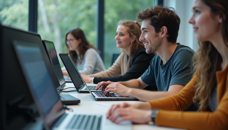Eye-level view of a modern classroom with students engaged in coding on laptops