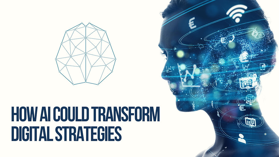 A blue silhouette of a woman's face with technology symbols on top of the silhouette on a white background alongside an image of a brain connected by lines and nodes..
