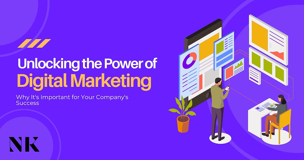 Animated graphics of floating graphs and humans working on digital marketing