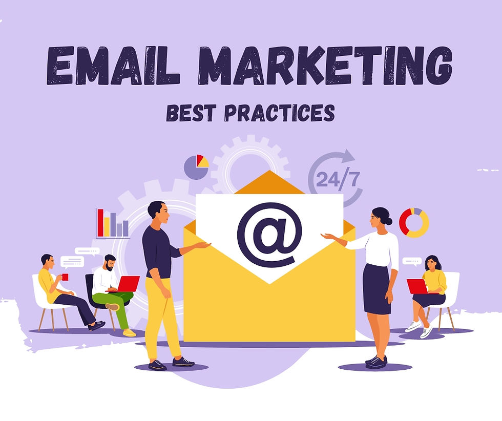 Graphics on a Lilac backdrop with a man and a woman pointing at a large envelope that has a paper peeking out of it with an enlarged '@' sign
