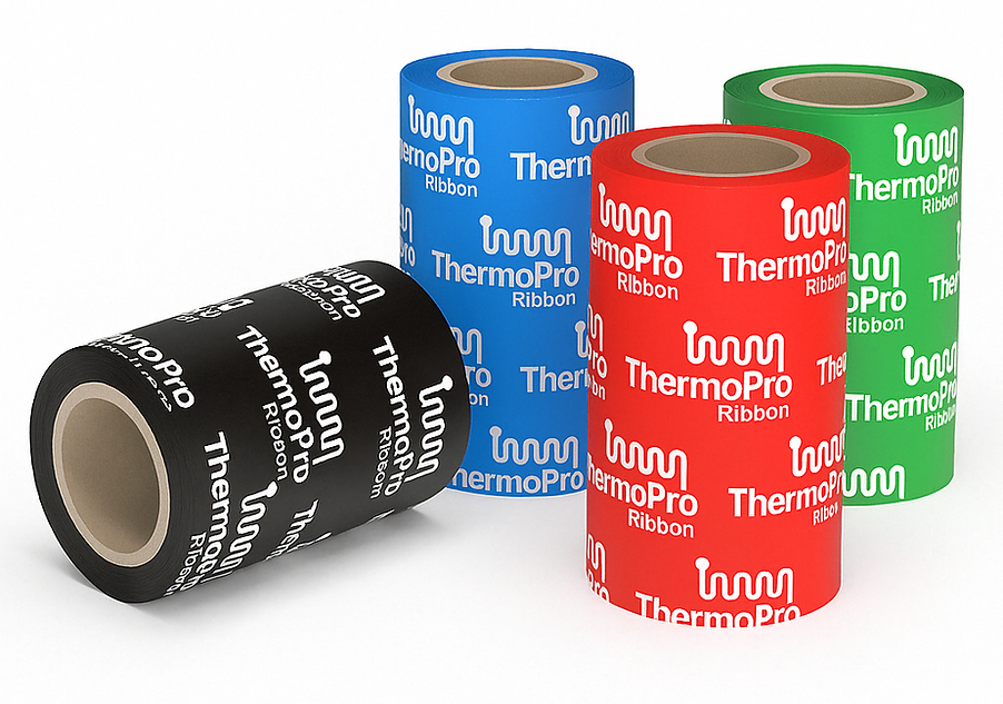 Range of ThermoPro wax, resin, and wax-resin thermal transfer ribbons on spools, suitable for industrial, retail, and logisti