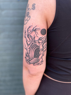 Traditional blackwork tree portal doorway stairs arm tattoo chattanooga