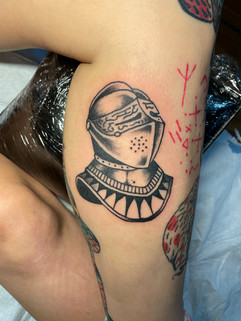 Traditional blackwork medieval knight helmet tattoo chattanooga