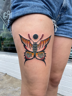 full color traditional butterfly leg tattoo chattanooga