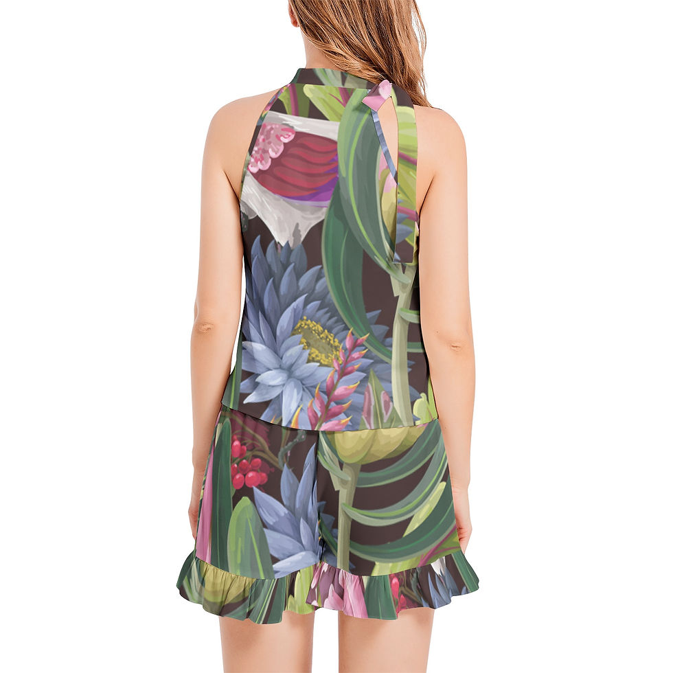 Thumbnail: Tie Neck Halter Top and Ruffle Hem Short Set