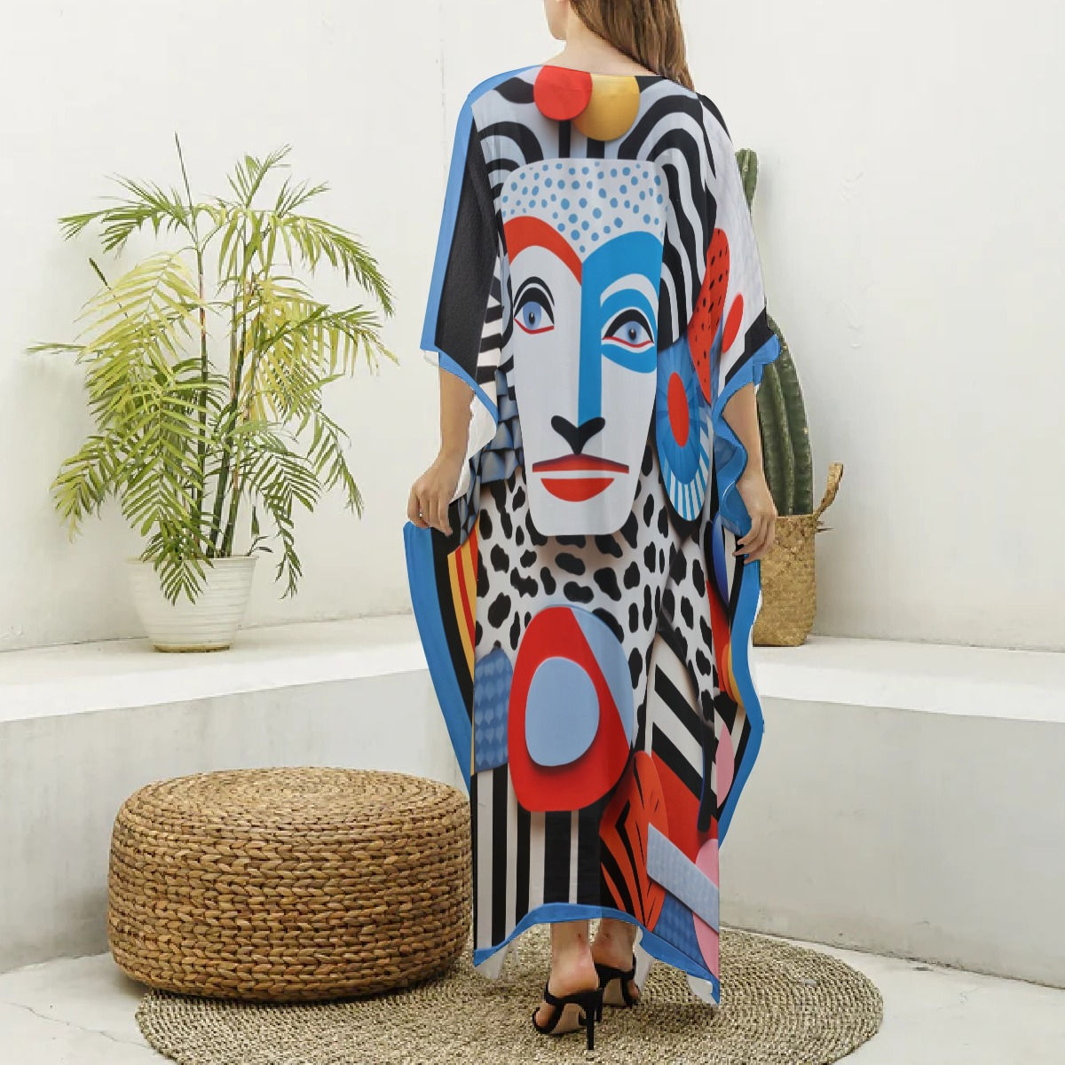 All-Over Print Women's Imitation Silk V-neck Kaftan Robe
