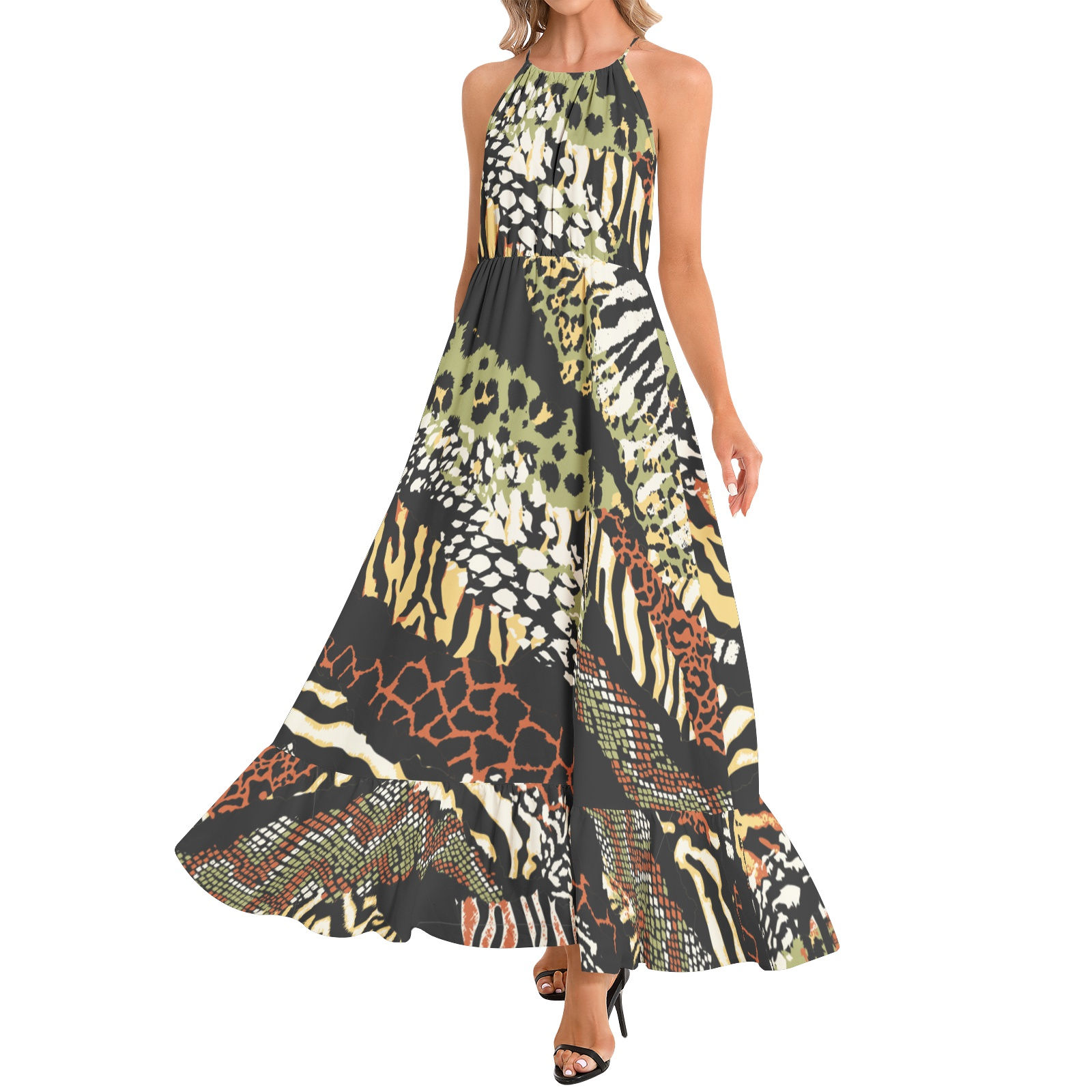 Ruffle Hem Halter Neck Maxi Dress