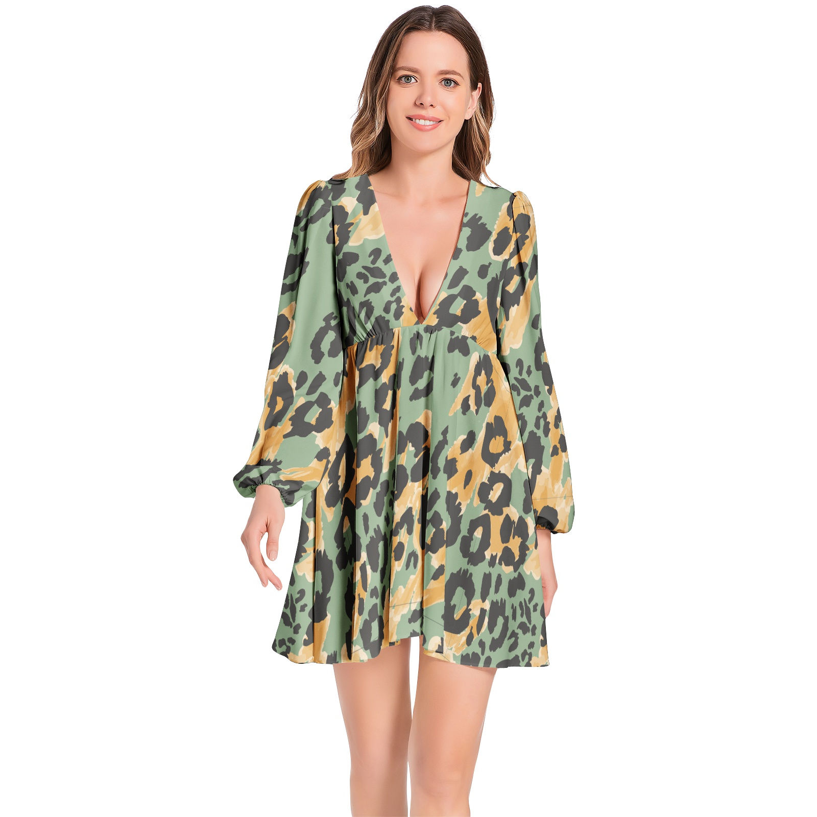 Lantern Sleeve Deep V-Neck Short Dress