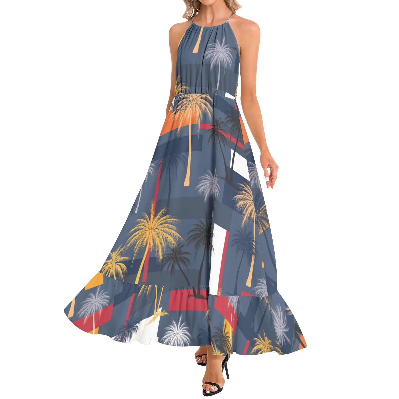 Ruffle Hem Halter Neck Maxi Dress