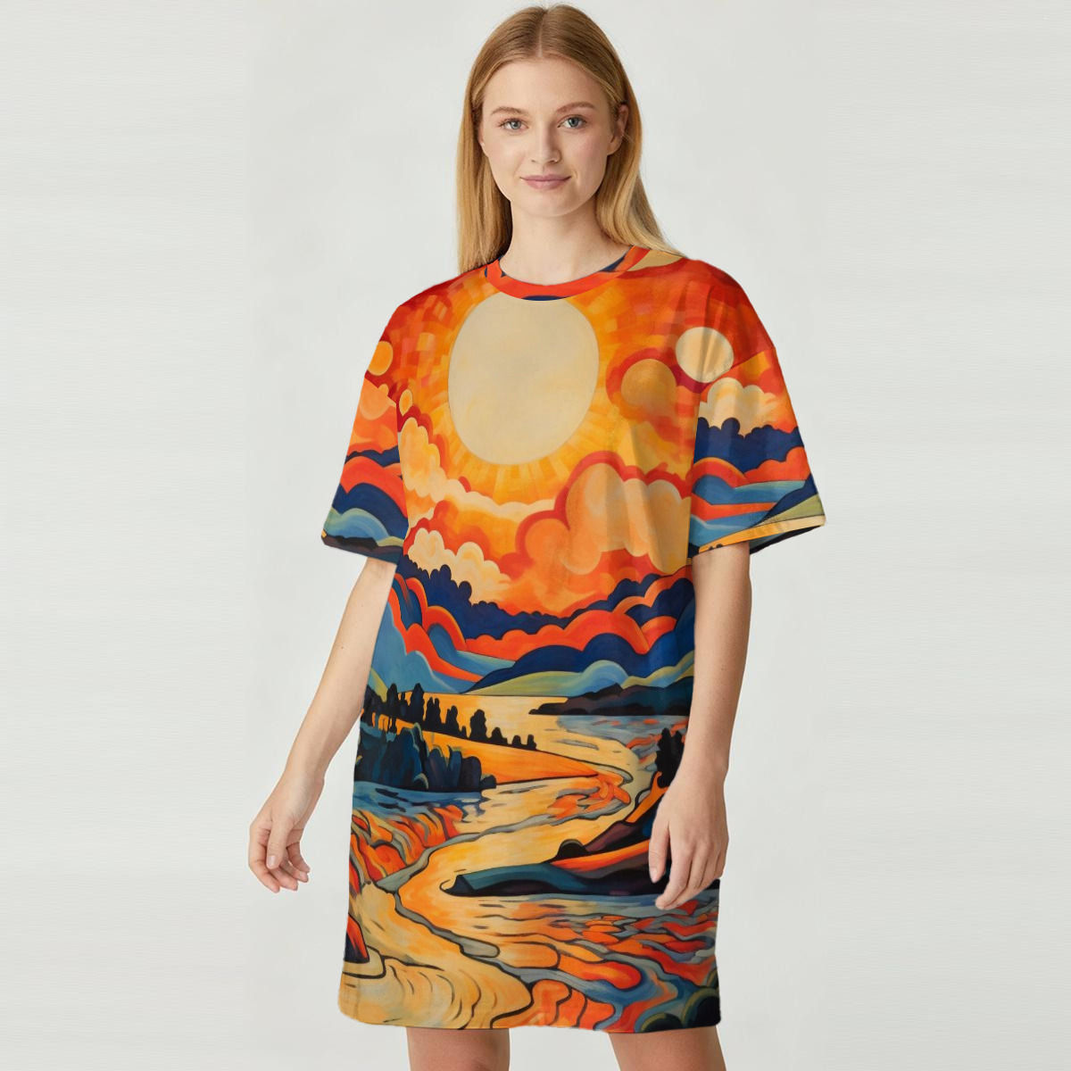 All-Over Print Women's Loose Fit T-Shirt Dress|180GSM Cotton