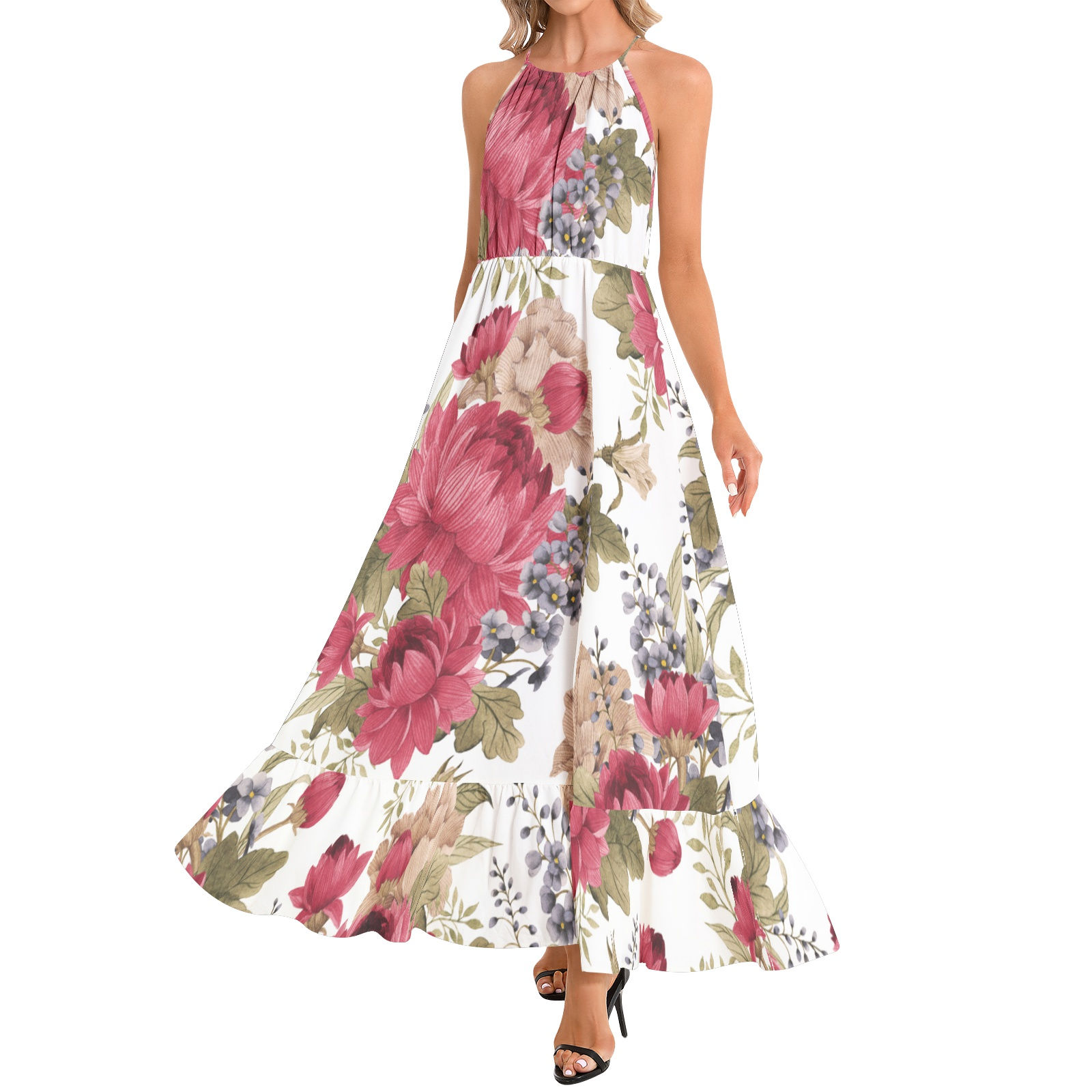 Ruffle Hem Halter Neck Maxi Dress