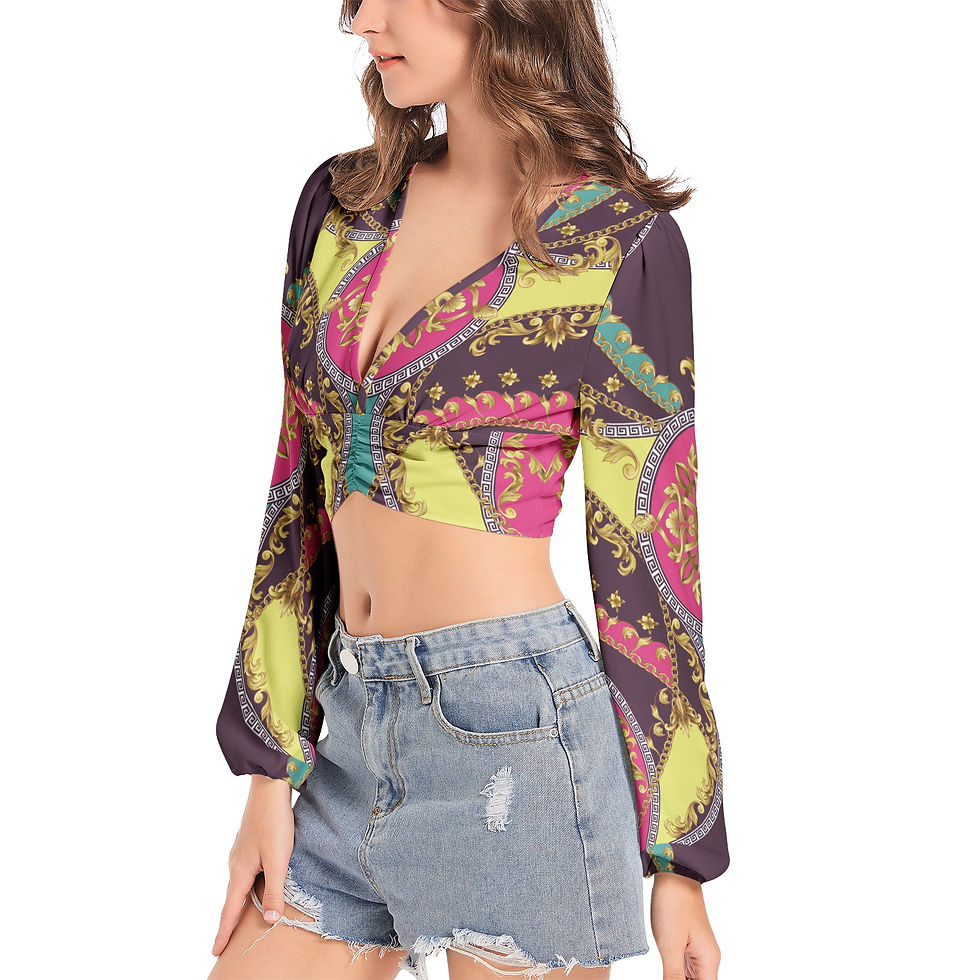 Thumbnail: Women's Deep V-Neck Lantern Sleeve Crop Top