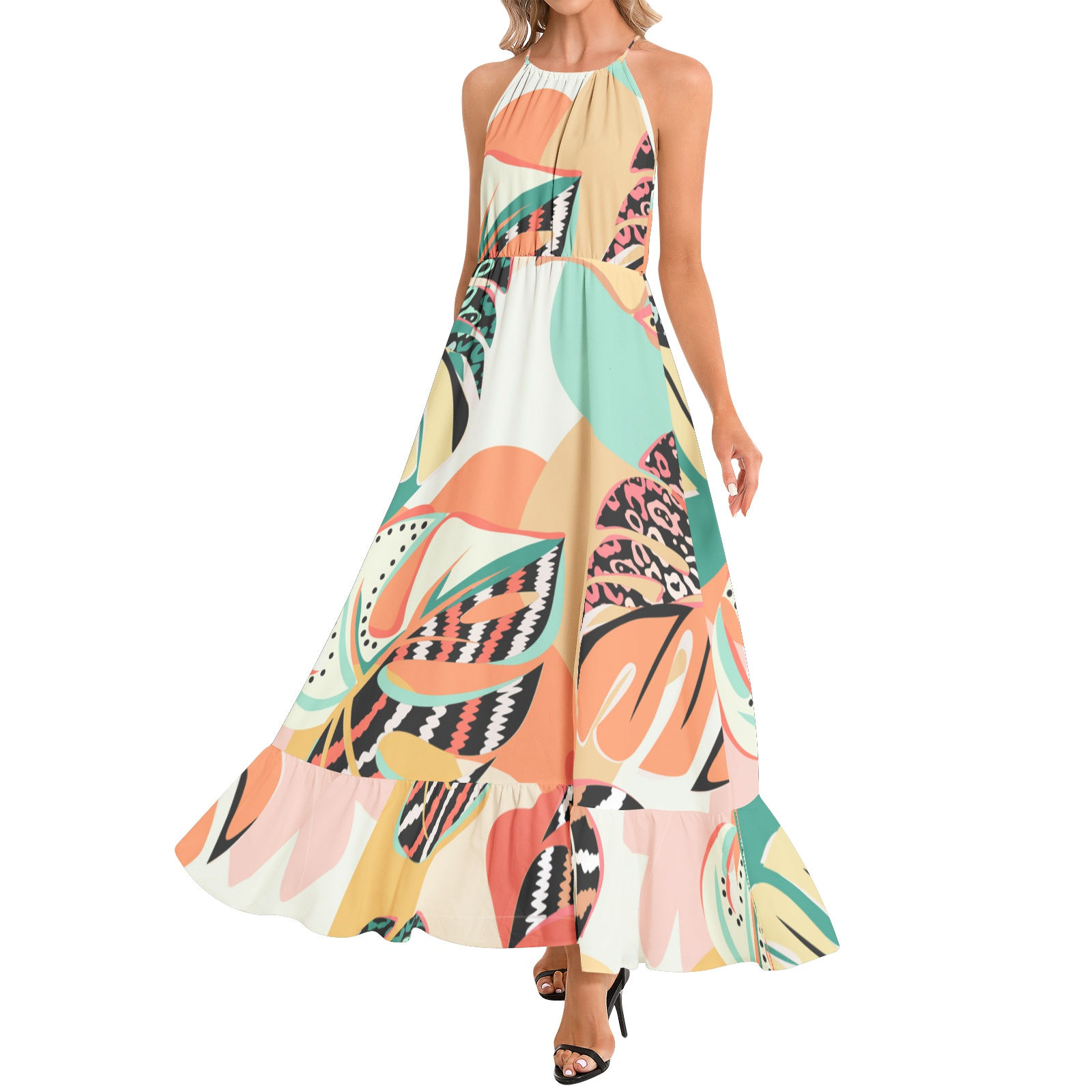 Ruffle Hem Halter Neck Maxi Dress