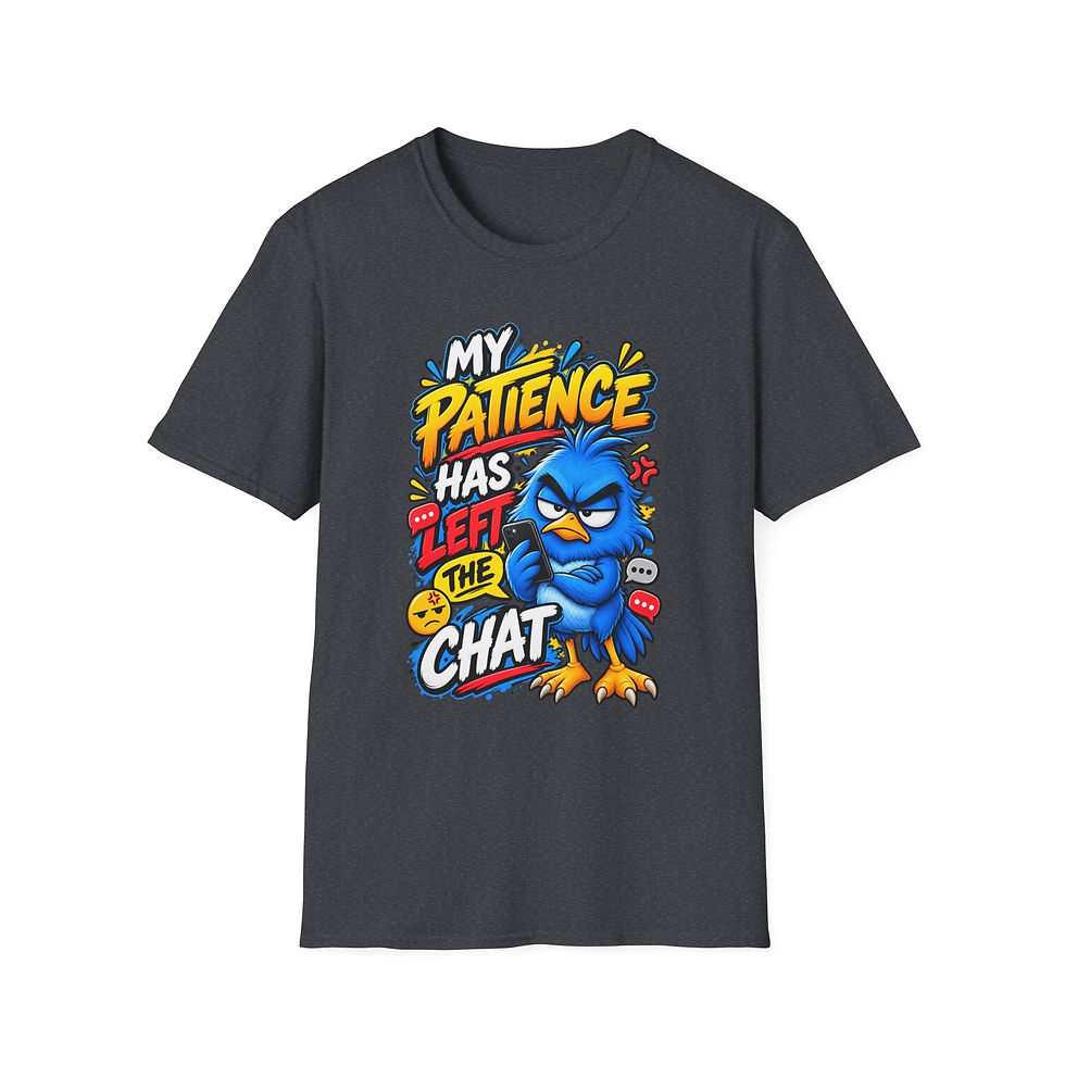 Thumbnail: Funny 'My Patience Has Left the Chat' T-Shirt — Angry Blue Bird Graphic Tee