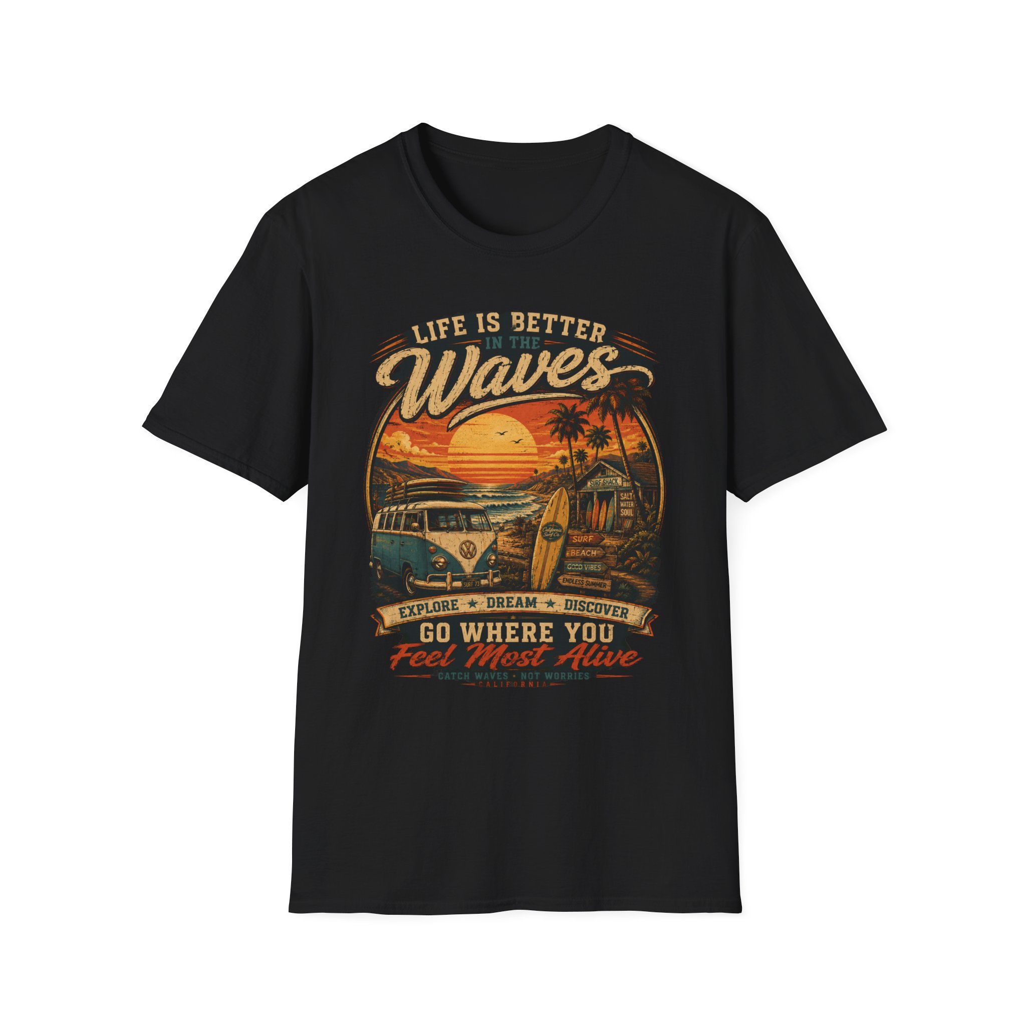Life Is Better in the Waves T‑Shirt — Vintage Surf Sunset Tee