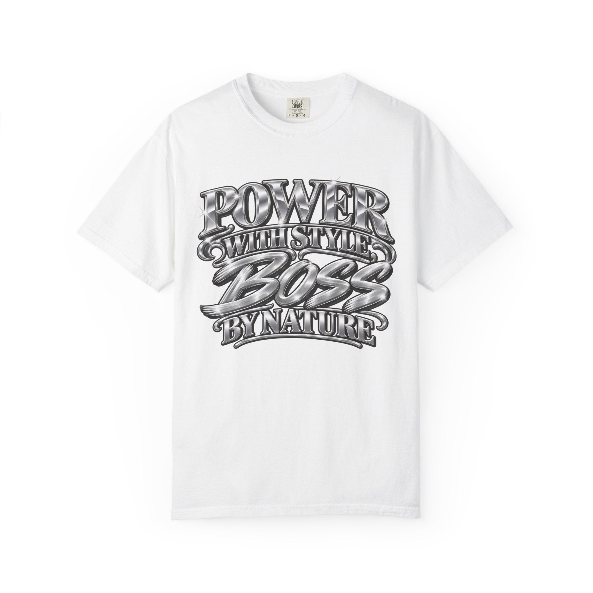Boss by Nature Graphic T‑Shirt — "Power with Style" Chrome Lettering