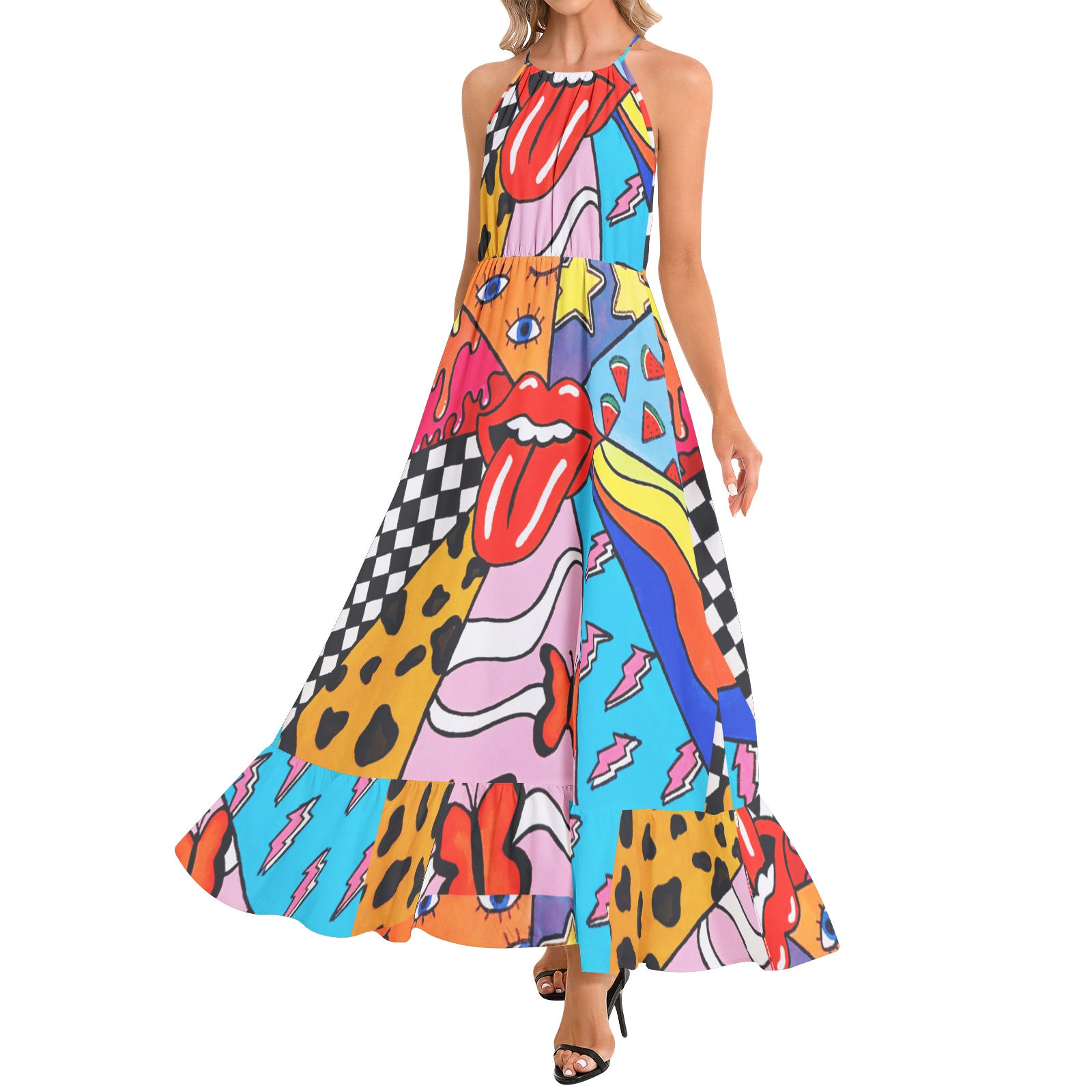 Ruffle Hem Halter Neck Maxi Dress