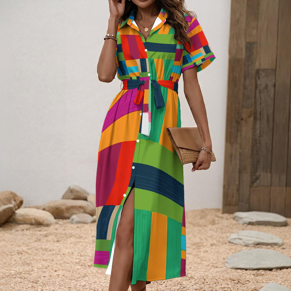 All-Over Print Women's Shirt Dress with Waist Tie
