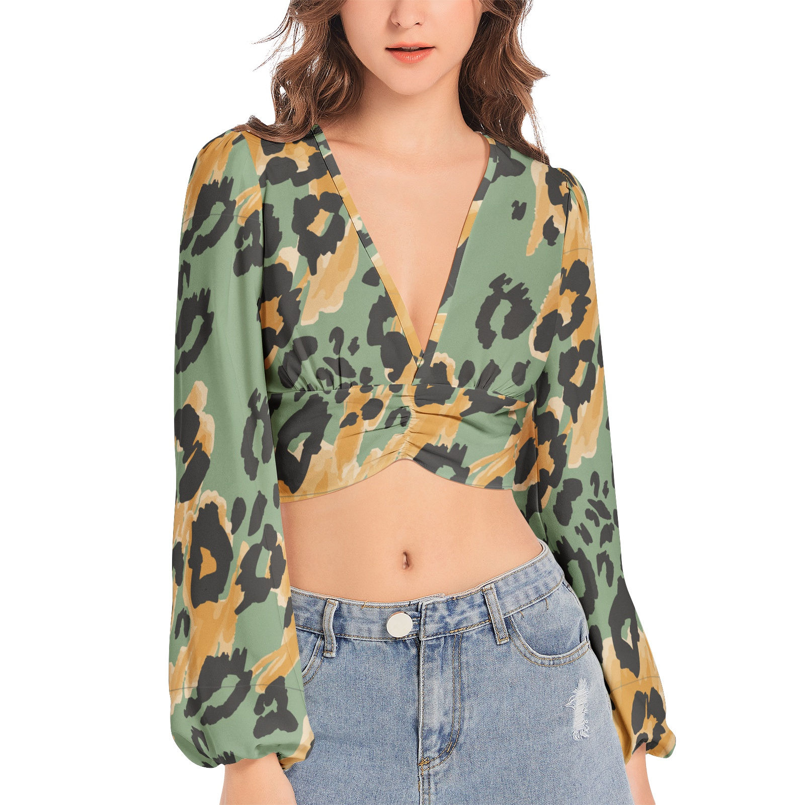 Women's Deep V-Neck Lantern Sleeve Crop Top