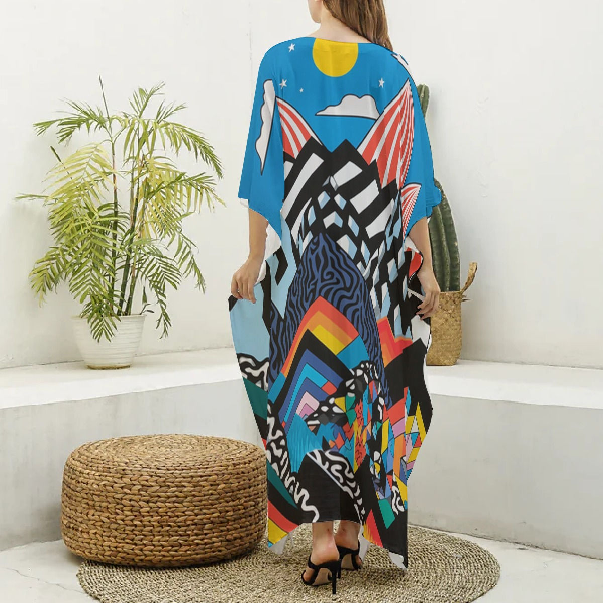 All-Over Print Women's Imitation Silk V-neck Kaftan Robe