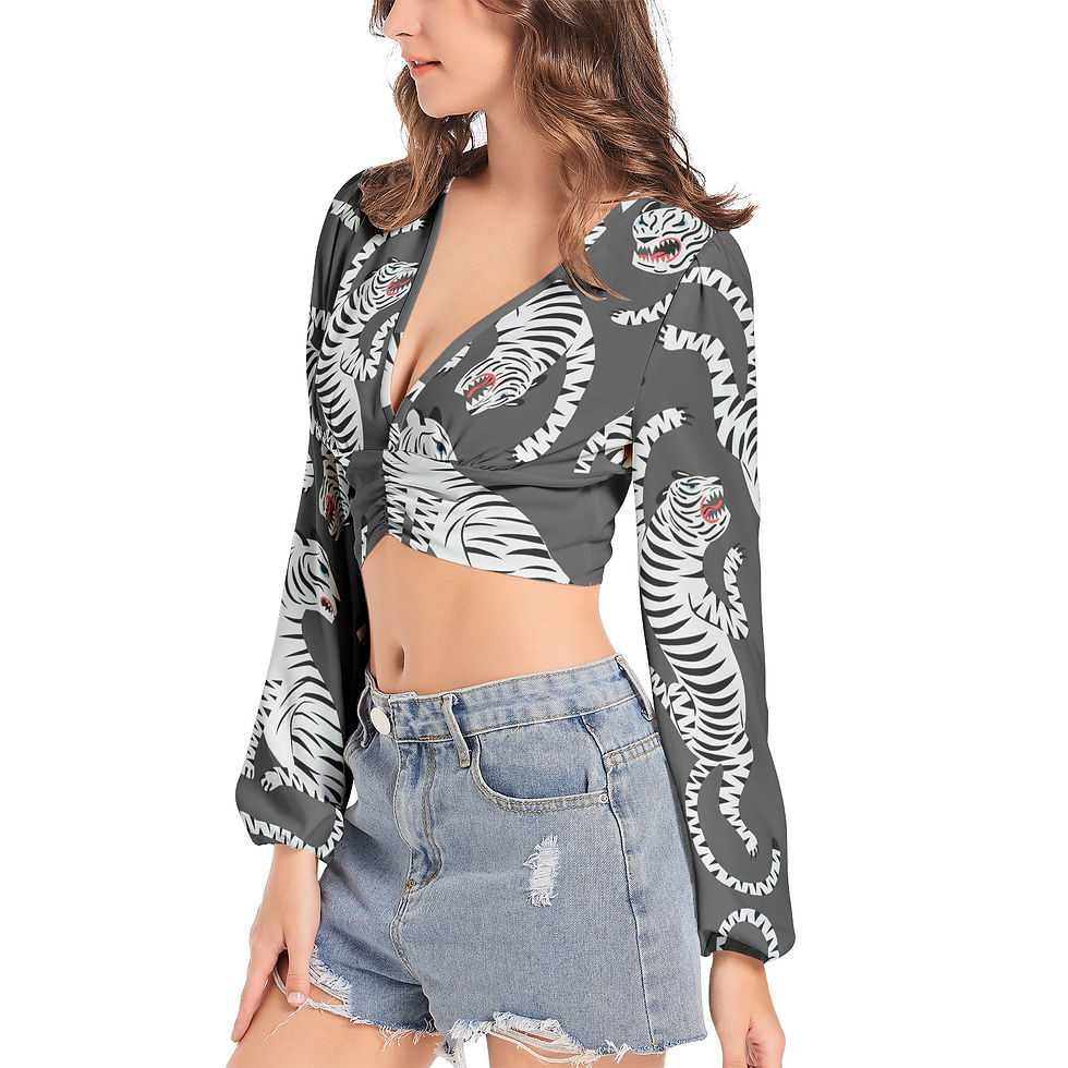 Thumbnail: Women's Deep V-Neck Lantern Sleeve Crop Top