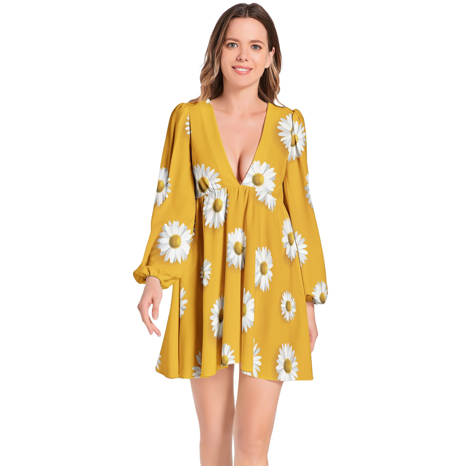 Lantern Sleeve Deep V-Neck Short Dress