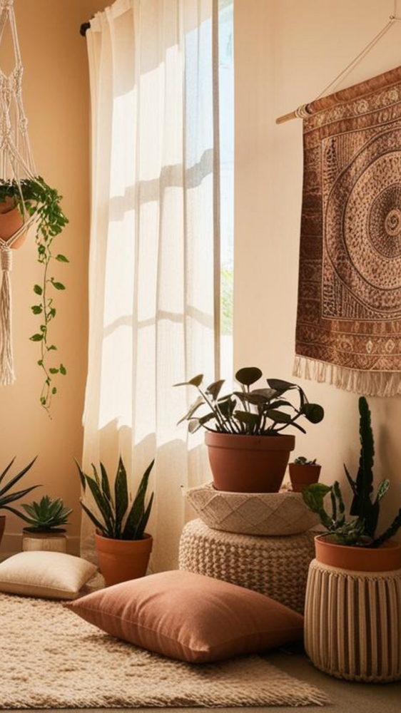 A bohemian meditation space with multiple potted plants including succulents, cacti, and trailing vines. A brown tapestry with intricate mandala patterns hangs on the wall, while floor cushions in earth tones and woven storage baskets create a comfortable seating area. Sheer white curtains filter natural light.