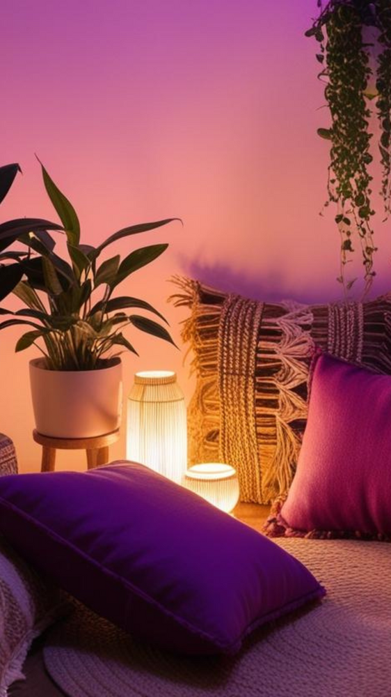A cozy meditation corner bathed in pink and purple lighting. Two bamboo table lamps cast a warm glow beside purple velvet floor cushions. A potted plant with long leaves sits on a wooden stand, and macramé wall hangings with tassels decorate the background. A trailing vine plant is visible in the top right corner, and the scene is set on a textured carpet.