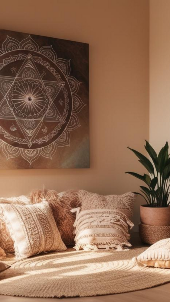 A cozy window nook with four lit peach-colored candles of varying heights arranged beside decorative pillows with tassels and fringe details in warm terracotta and beige tones. A chunky knit throw blanket drapes over the seating area, which sits on a textured jute rug. Above, macramé plant hangers display trailing plants, with sheer white curtains filtering natural light through the window.
