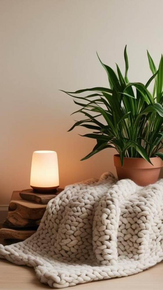 A cozy corner featuring a chunky knit cream-colored throw blanket, a frosted glass table lamp on a live-edge wooden surface, and a potted palm plant in terracotta. The warm lighting creates a peaceful atmosphere.