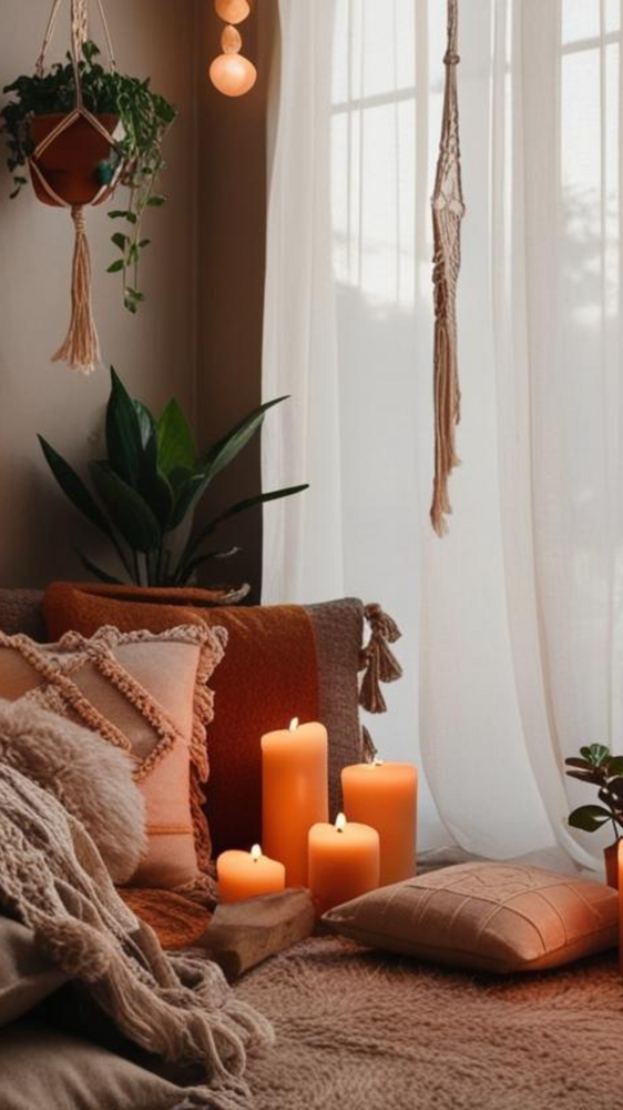 A cozy corner featuring a wooden carved mandala wall art with geometric patterns centered around a Star of David design. Below it are decorative pillows with beige and brown stripes and tasseled edges, placed on a circular jute rug. A green palm plant sits in a ceramic pot alongside a woven basket, with a macramé wall hanging visible in the corner.