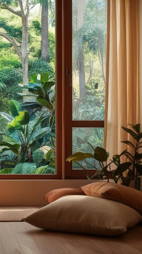 A tranquil window view framing lush tropical foliage outside, with brown and beige floor cushions in the foreground. Indoor plants echo the greenery outside, while sheer golden curtains soften the natural light entering the space.