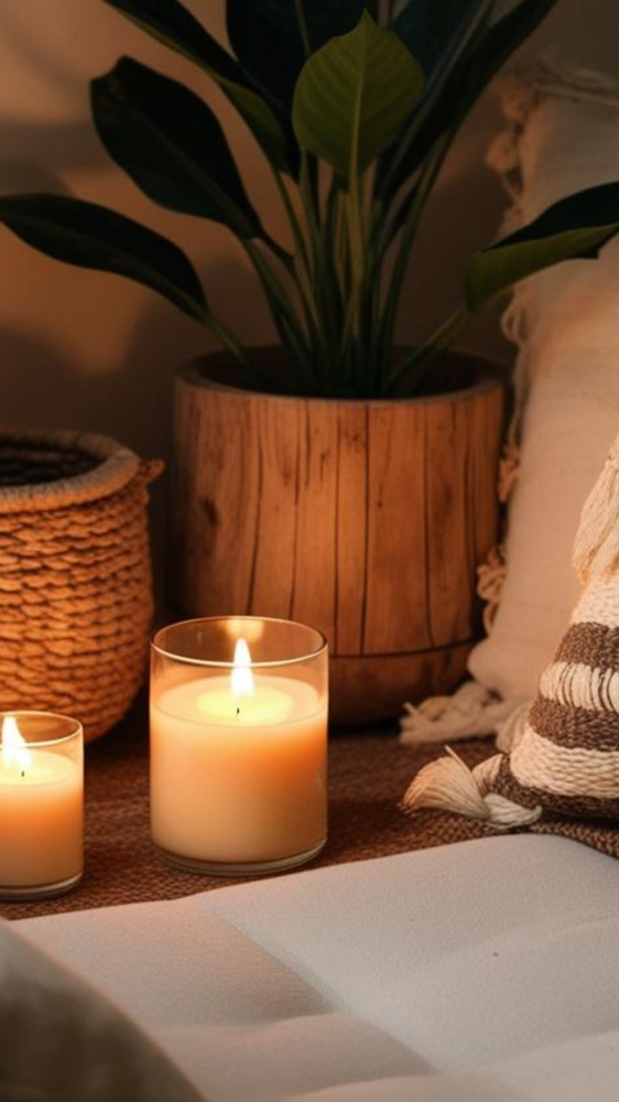 A meditation or seating area with a large dark canvas featuring a white geometric mandala design centered around a sacred geometry pattern. Several textured throw pillows with tassels and fringe in cream and beige tones are arranged on a round natural fiber rug. A potted palm plant sits in a woven basket holder to the right, while warm sunlight creates soft shadows across the space.