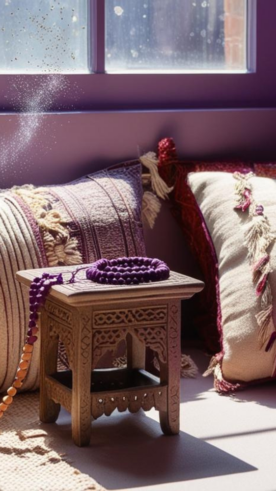 A cozy meditation corner with a carved wooden side table featuring intricate Moroccan-style patterns. Purple prayer beads rest on top of the table, with decorative pillows in cream and burgundy velvet featuring tassels and embellishments beside it. Sunlight streams through a window above, creating a dreamy effect with visible dust particles in the air.