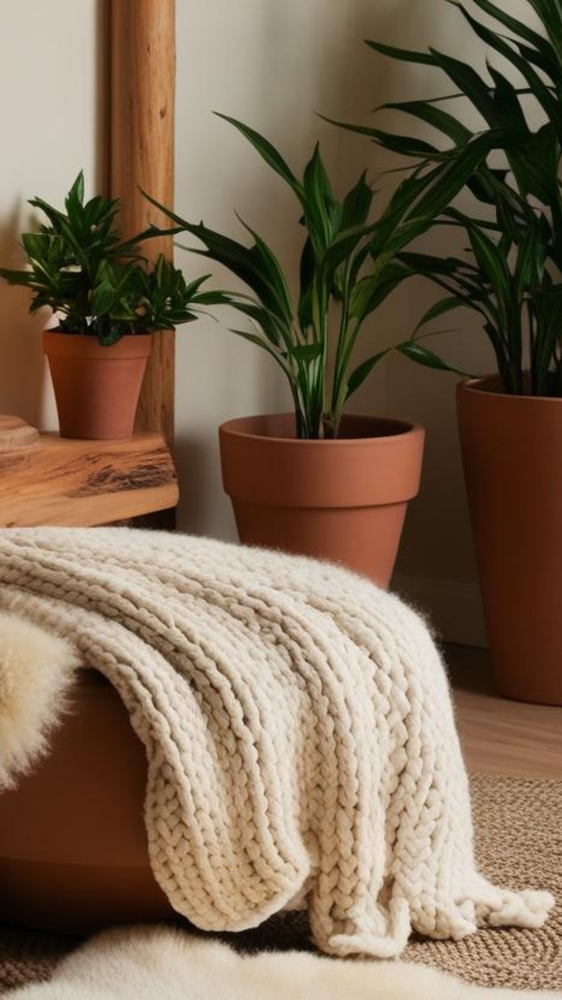 A close-up of three terracotta pots containing tropical plants with long green leaves, arranged alongside a chunky cream-colored knit throw blanket. The setting suggests a cozy, natural home environment.