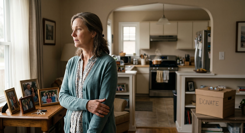 Pensive woman looking out a window in a home
