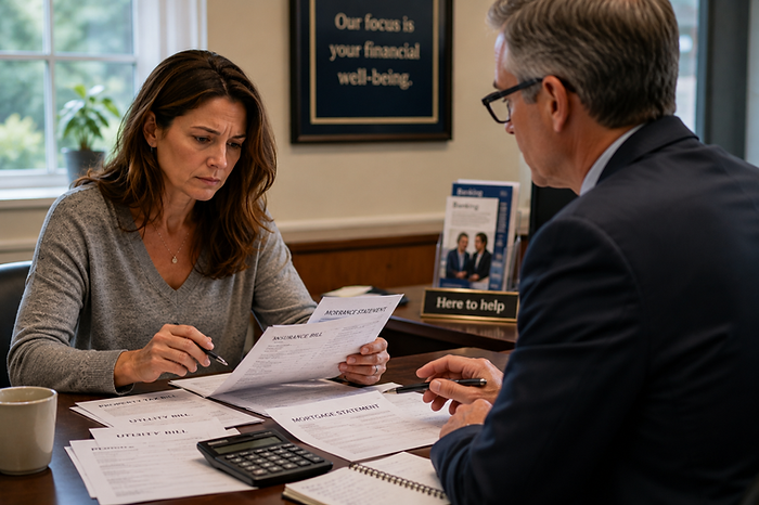 Adult daughter meeting with a financial advisor to discuss estate and home sale decisions after her mother's death.