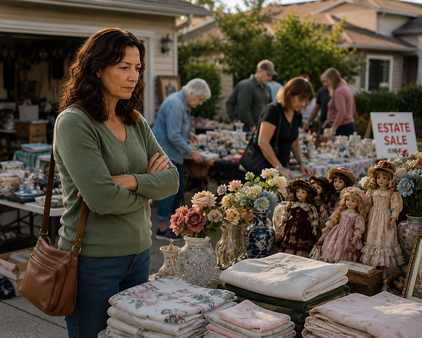 Robin, an adult daughter watching visitors browse her mother’s estate sale featuring vintage dolls, household belongings, linens, furniture, and family heirlooms after a loved one's death.