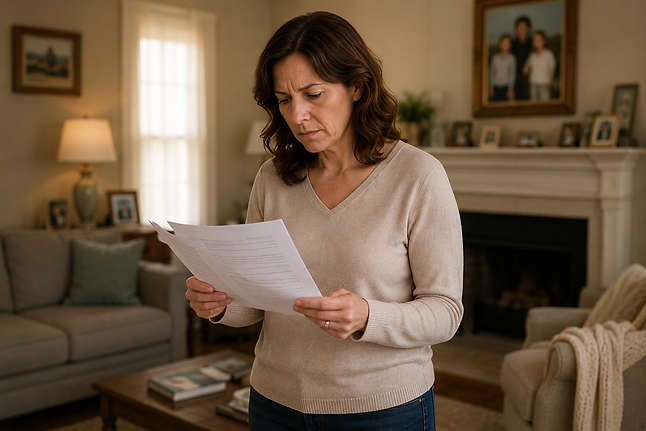 adult daughter reviewing paperwork while preparing to sell her mother's home after her death.