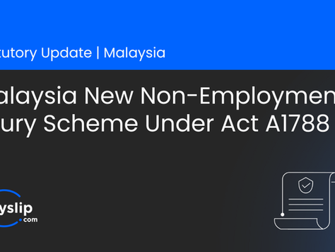 Statutory update banner for Malaysia featuring the title “Malaysia New Non-Employment Injury Scheme Under Act A1788” with ePayslip branding and a compliance document icon.