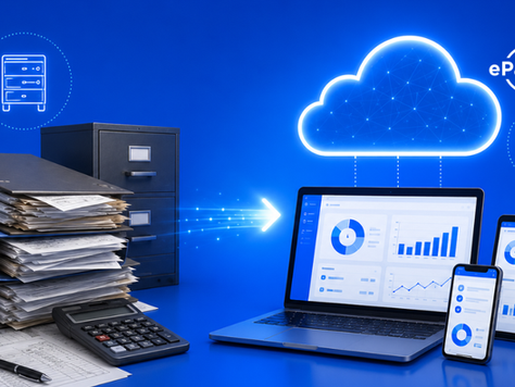 Traditional paper-based payroll processes with filing cabinets, binders, and a calculator transition to a modern cloud payroll platform displayed on connected digital devices, illustrating the shift from manual payroll management to automated, cloud-based payroll software.