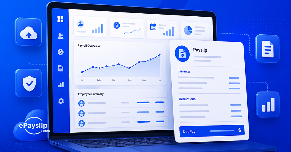 Online payslip system dashboard within payroll software showing automated payroll processing