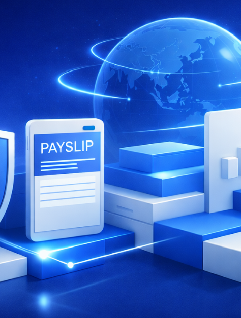 Abstract 3D illustration of structured payroll and HR operations modules with integration and compliance elements in blue and white.
