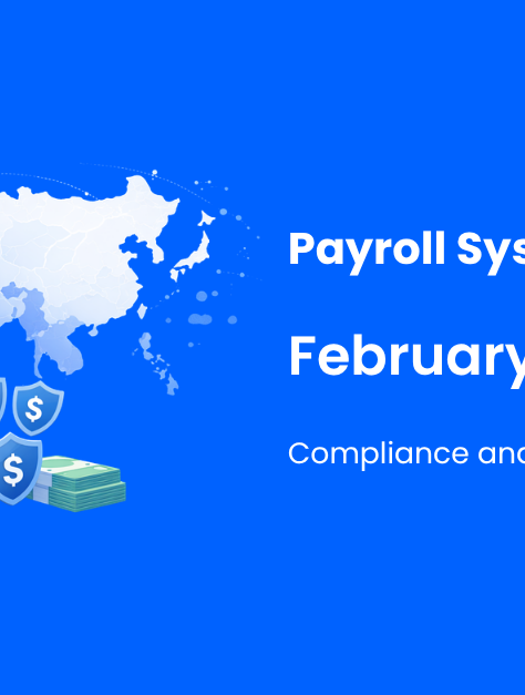 Payroll system dashboard with analytics, security features, and Asia map highlighting multi-country payroll compliance and data protection.
