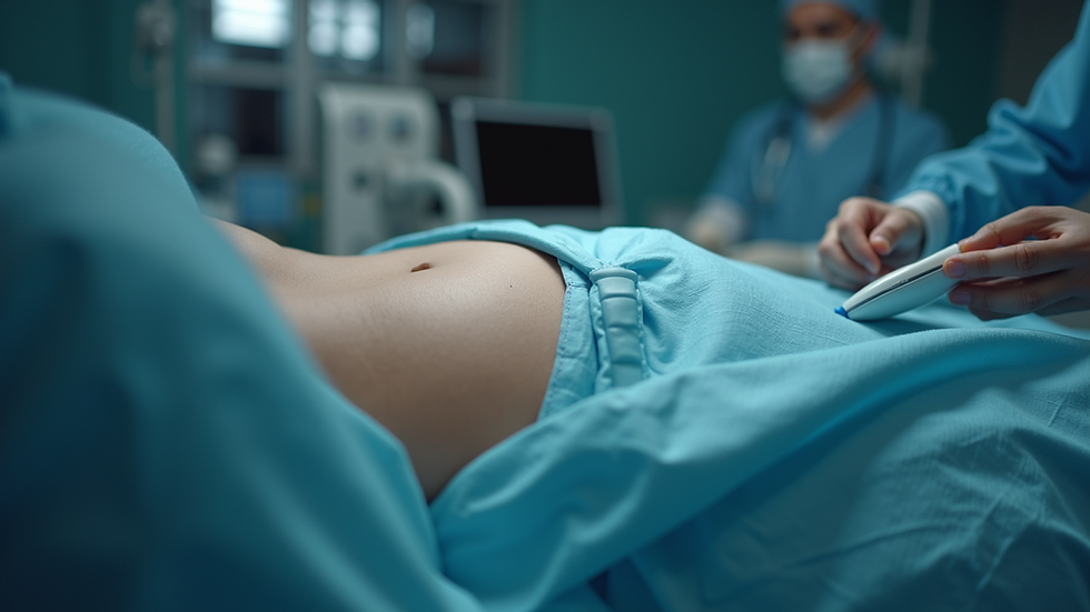 Close-up view of ultrasound probe on patient’s abdomen