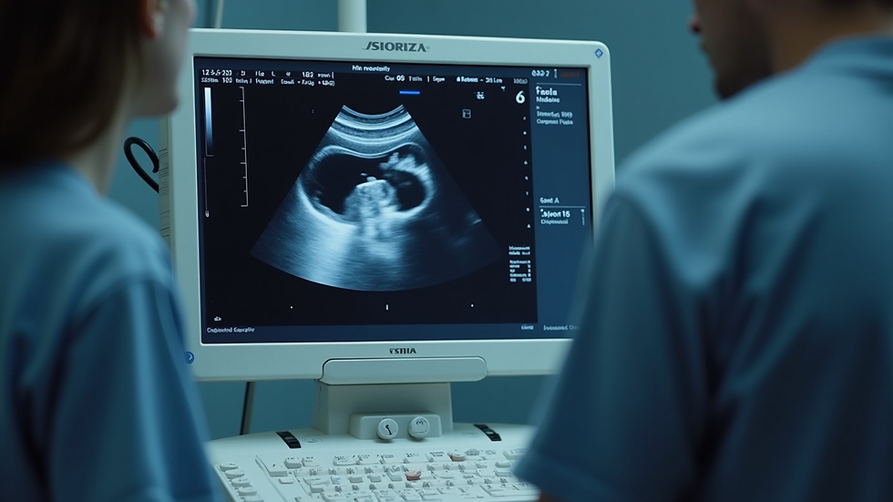 Eye-level view of ultrasound machine displaying fetal image