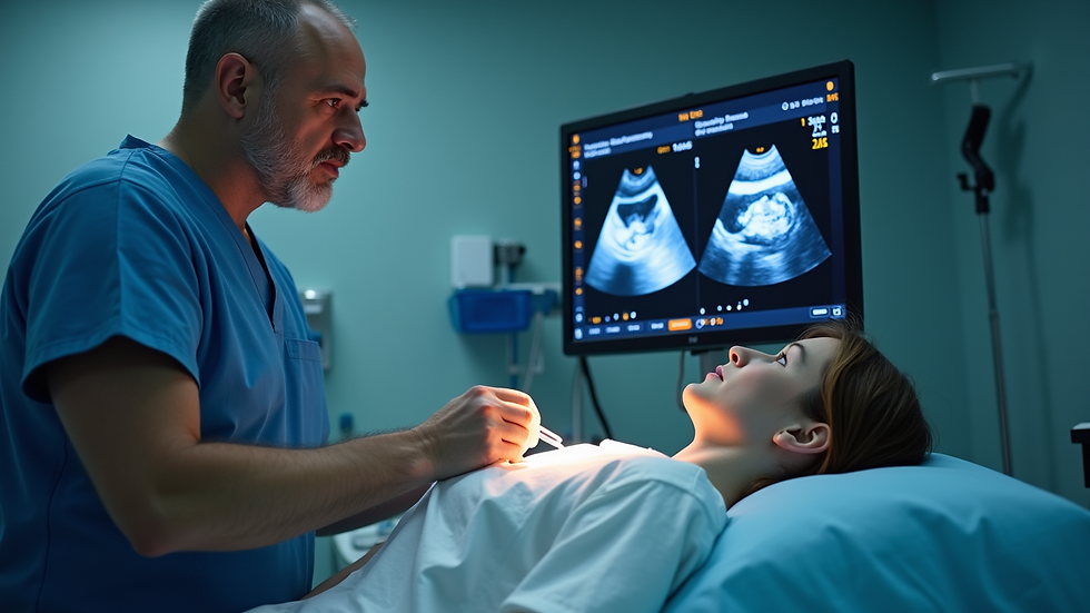 Eye-level view of a medical professional performing an ultrasound scan on a patient