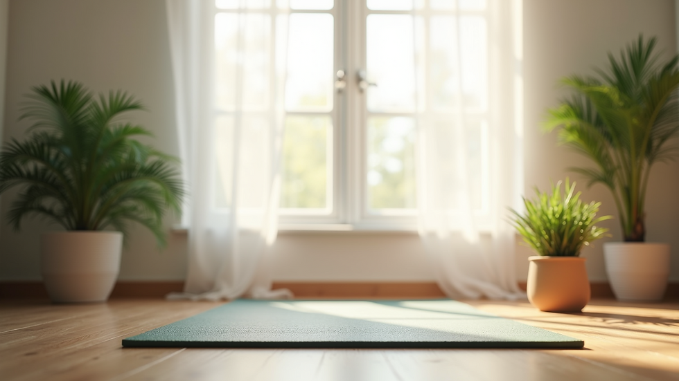Eye-level view of a calm room with yoga mat and plants for stress relief
