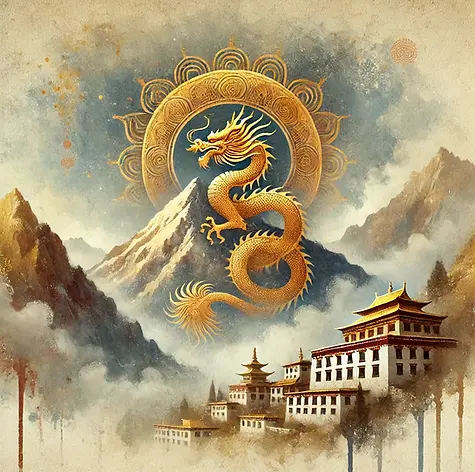 DALL·E 2025-03-08 05.44.19 - A Tibetan Zen-inspired painting of a sacred golden dragon res