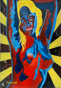 Original figurative oil painting by Stewart Hall of a beautiful nude lady's torso in bright colours with sunshine rays in the background.